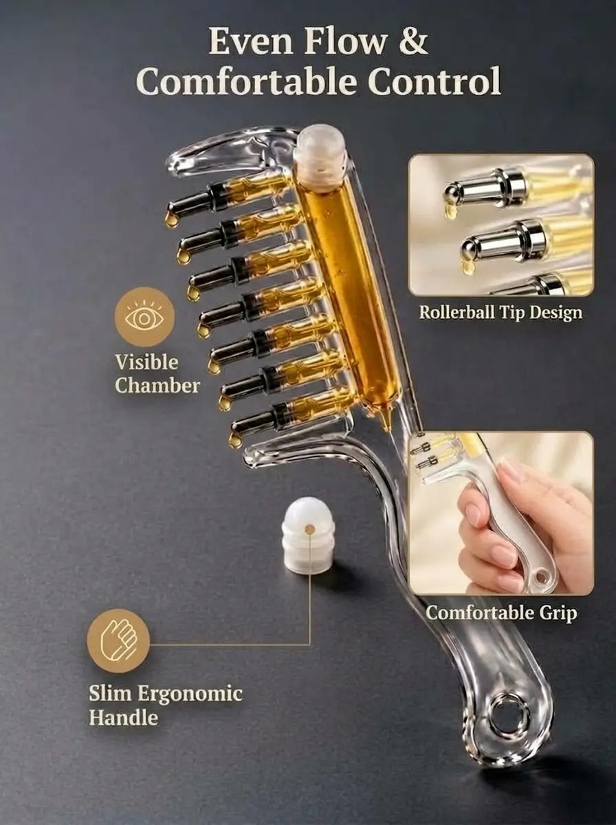 Oil applicator comb features: visible chamber, rollerball tips, ergonomic handle